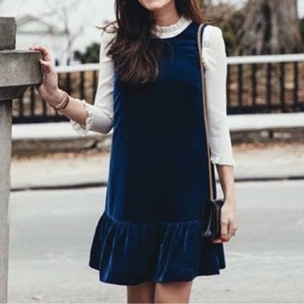 J Crew Velvet Ruffle Hem Dress in Navy Blue Size 2